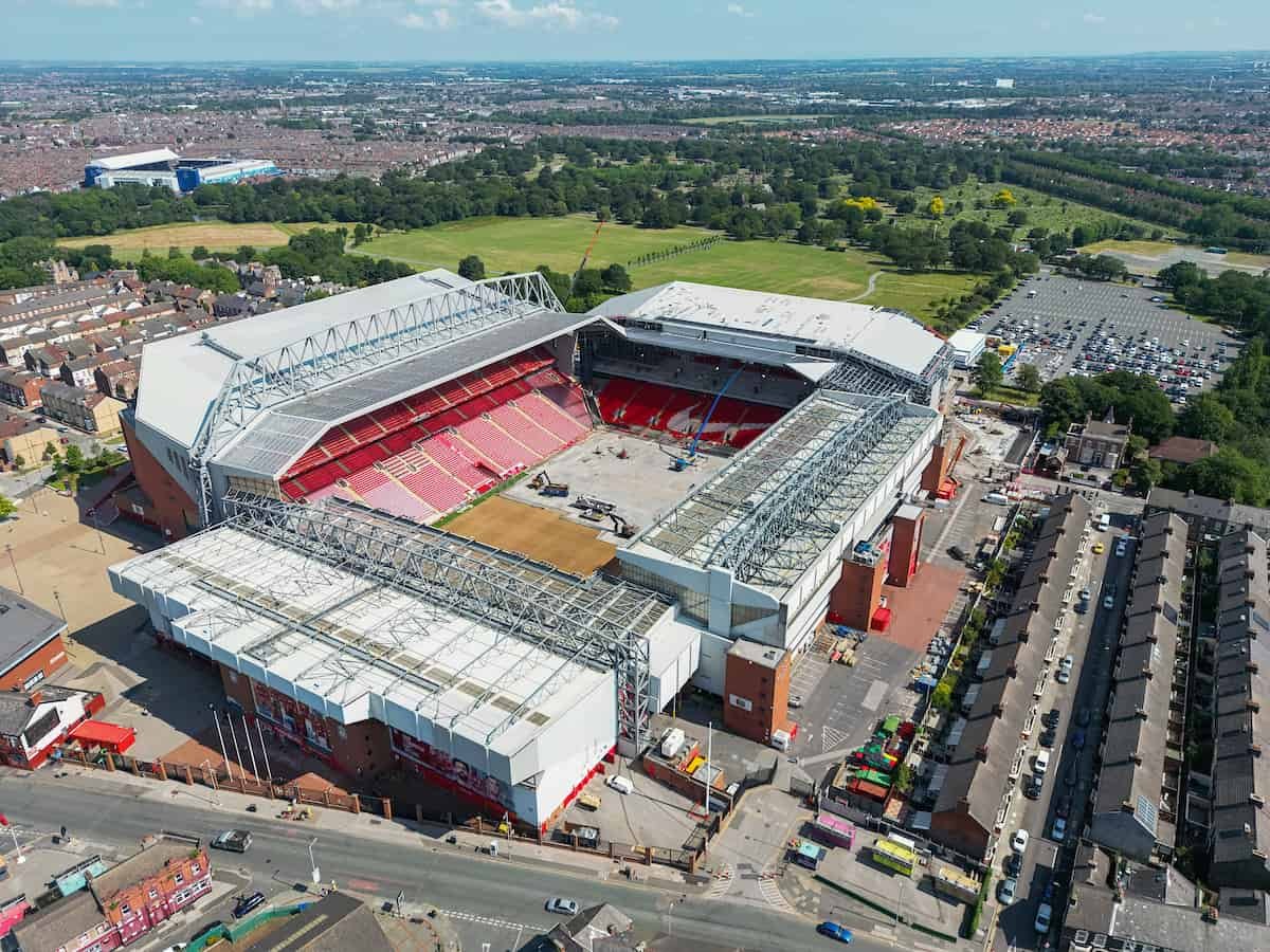 Watch the amazing timeline of the Anfield Road expansion from 2021 to 2023.