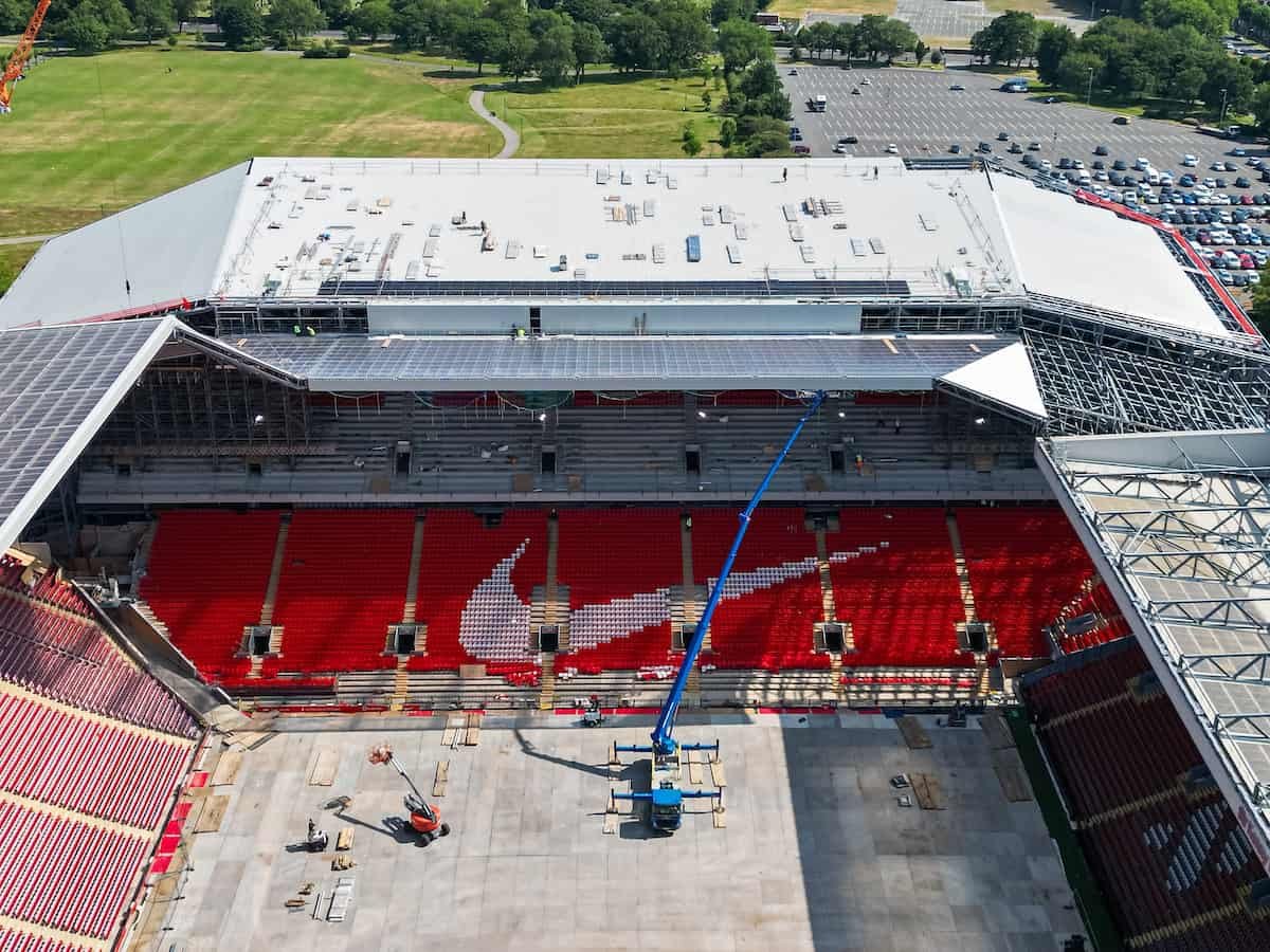 Watch the amazing timeline of the Anfield Road expansion from 2021 to 2023.