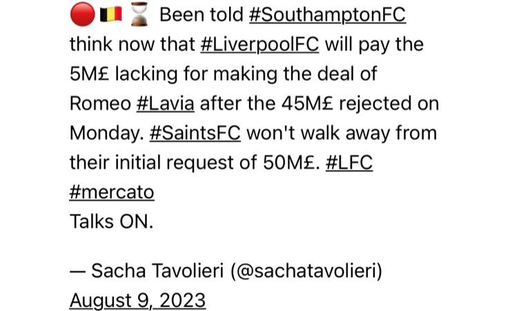 Romeo Lavia's price tag of £50 million is now what Southampton is expecting Liverpool to match. According to journalist Sacha Tavolieri, that is the case.